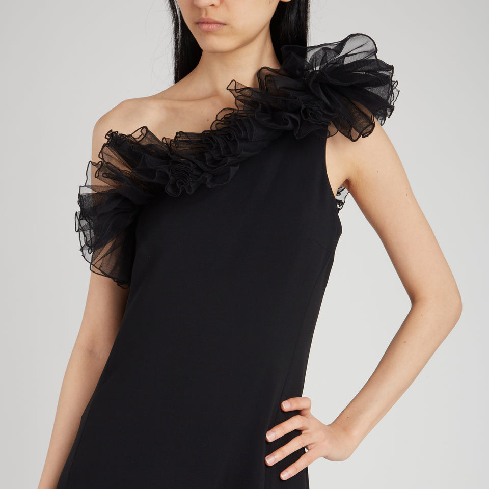 One-shoulder long dress in black fabric