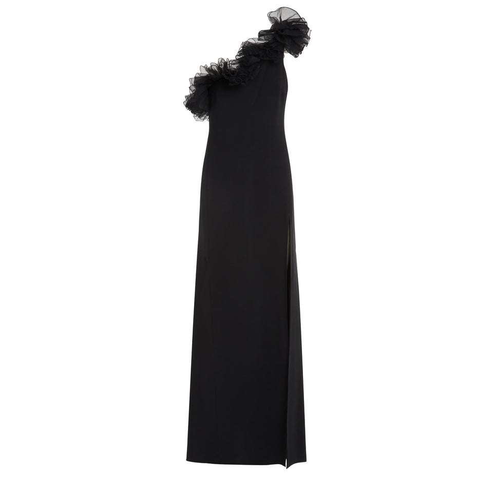 One-shoulder long dress in black fabric