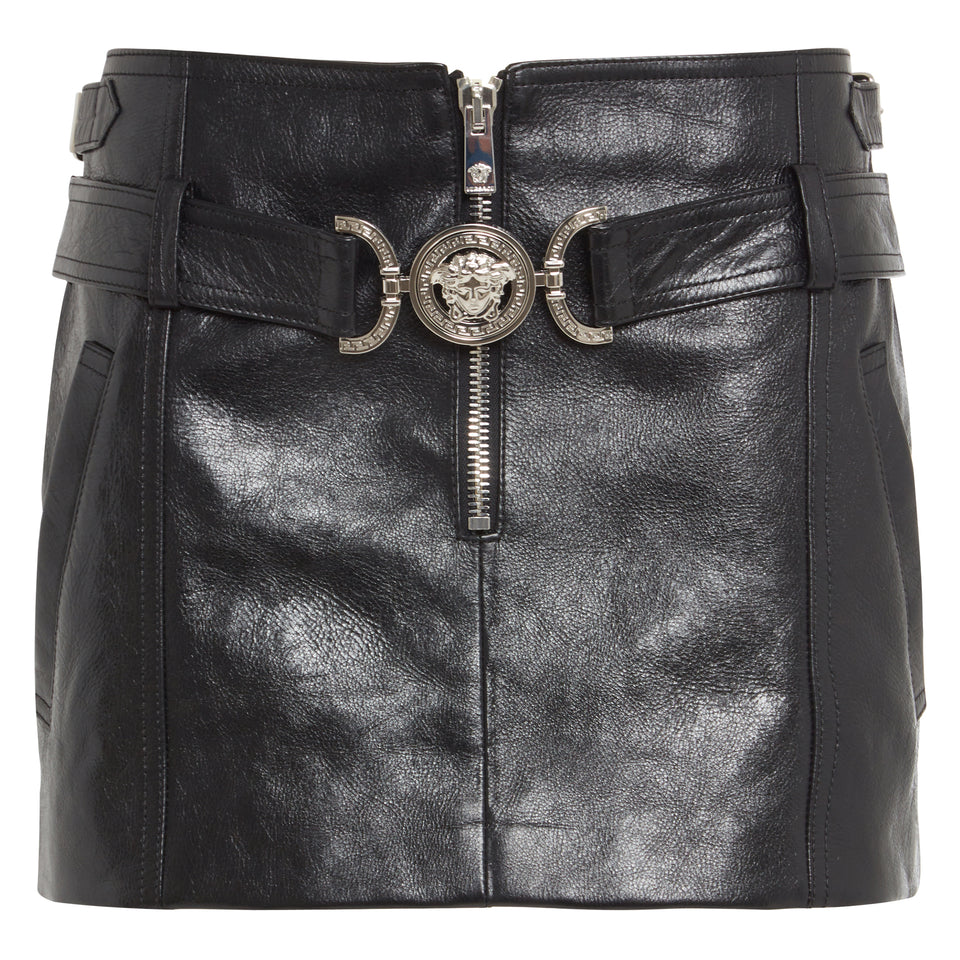 Black leather ''Medusa 95'' mini skirt