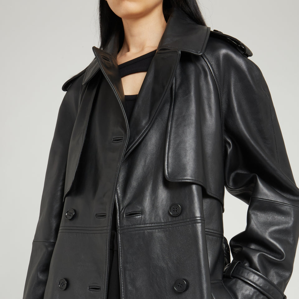 Double-breasted black leather coat