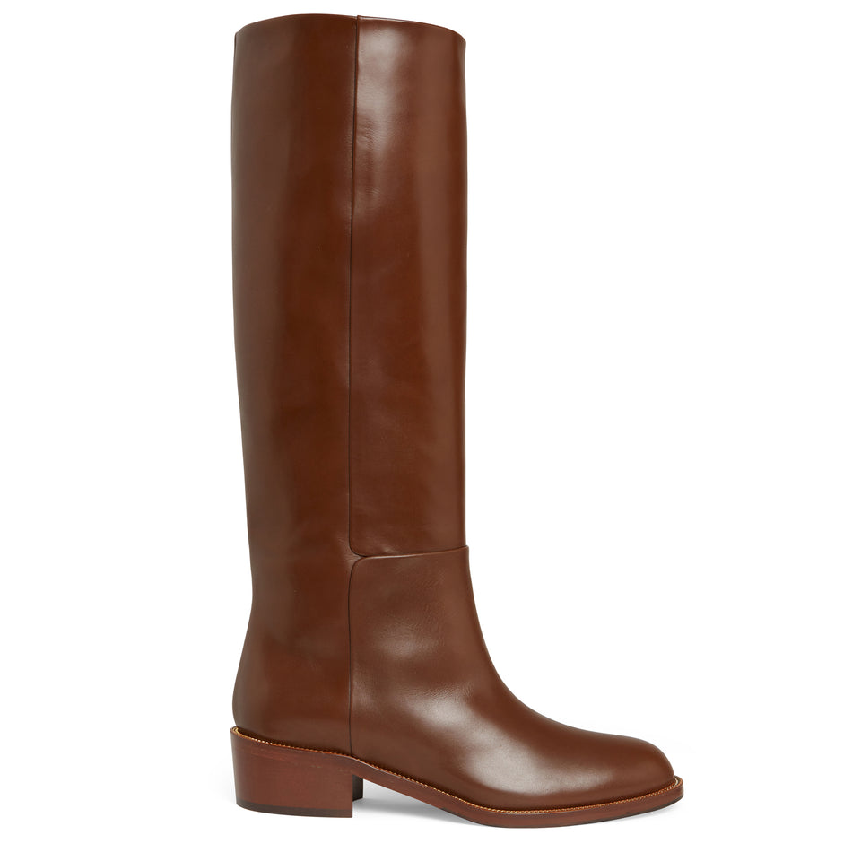 "Sellier" flat boot in brown leather