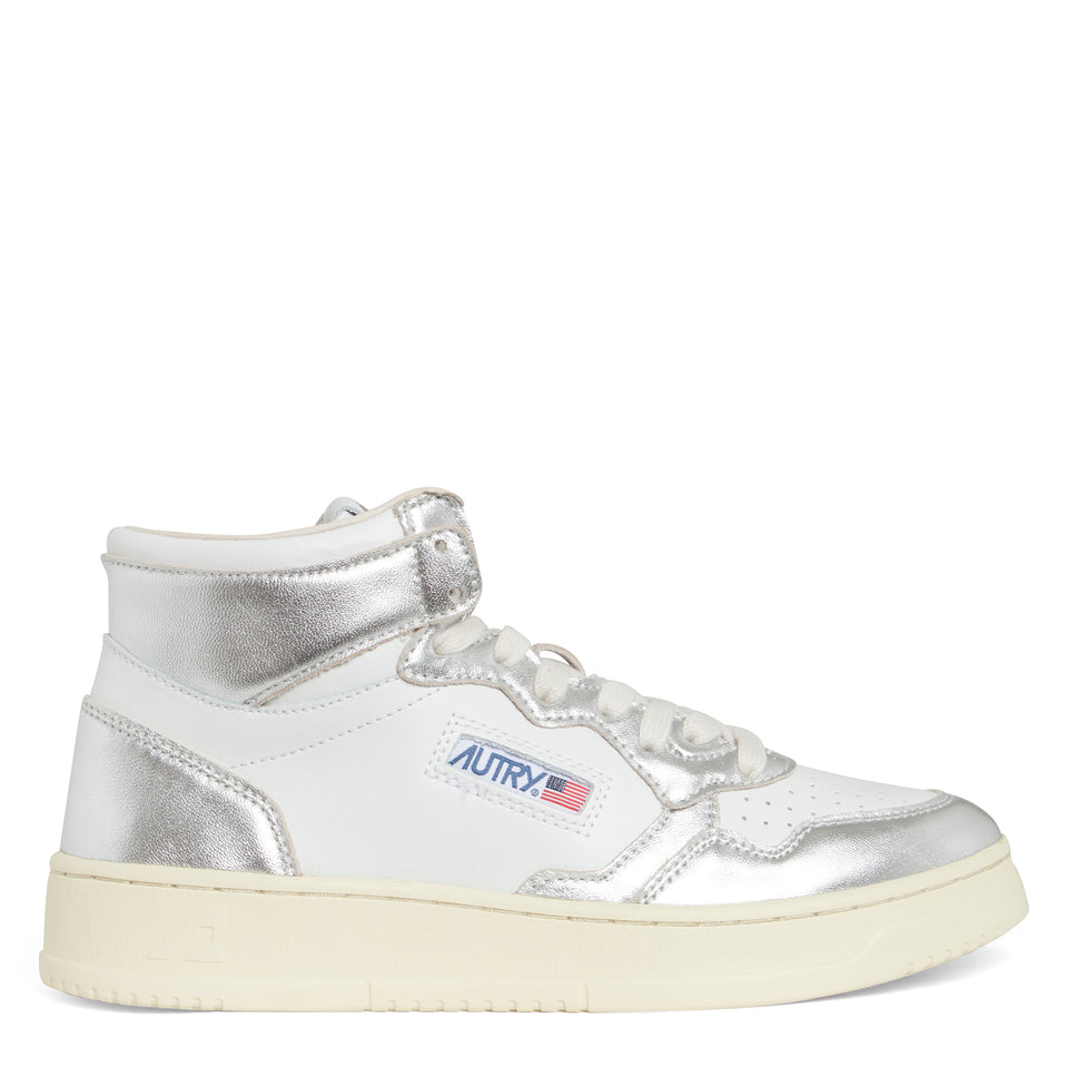 "Medalist mid" sneakers in white and silver leather