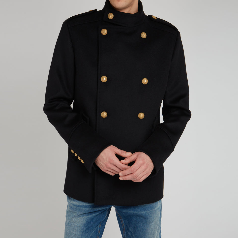 Double-breasted black wool coat