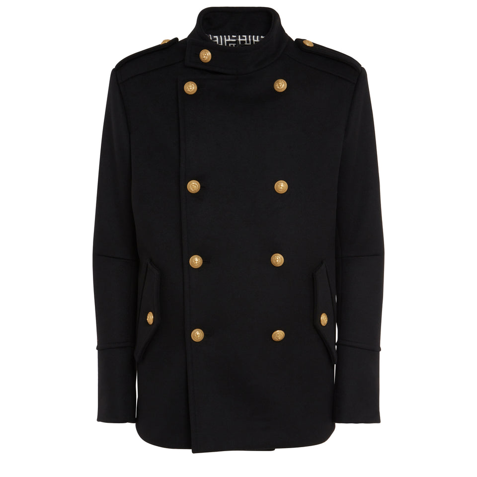 Double-breasted black wool coat