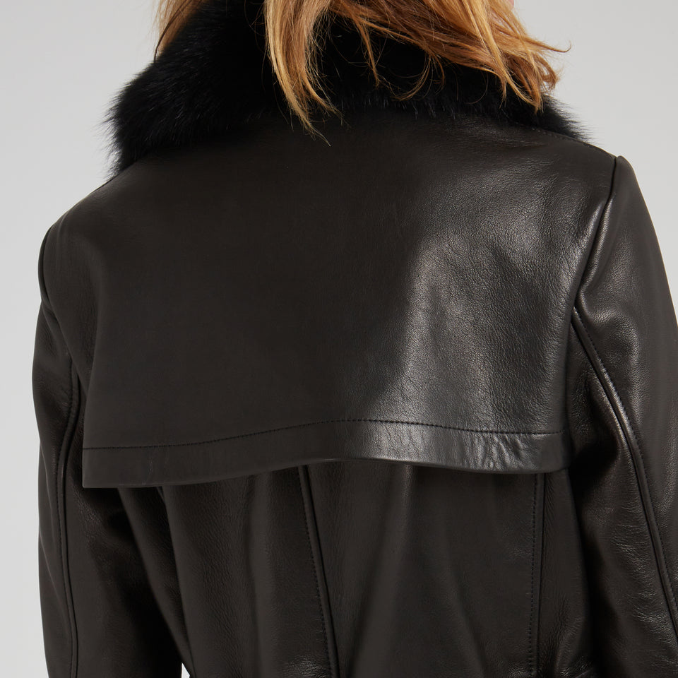 Double-breasted black leather coat