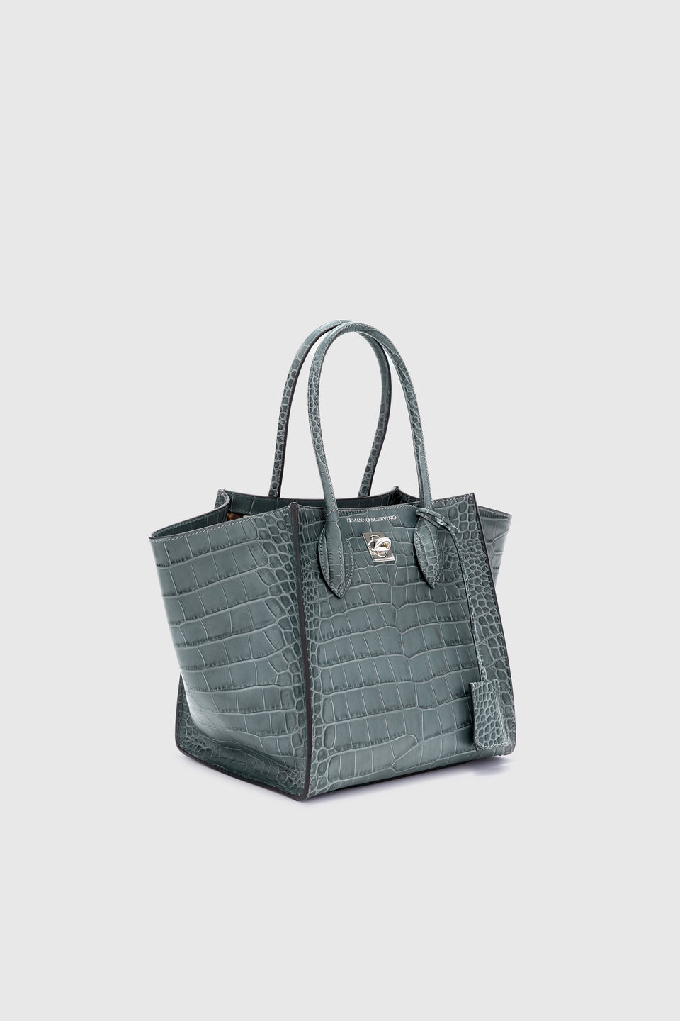 Gray leather tote bag