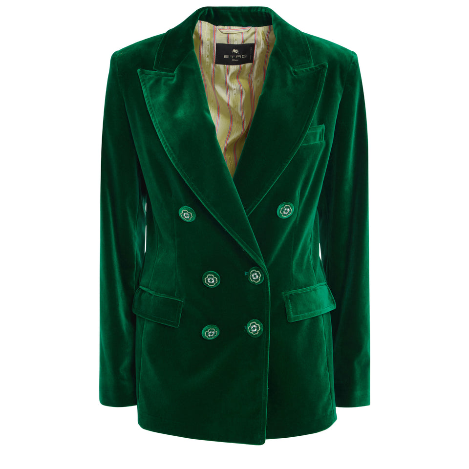 Green velvet double-breasted jacket