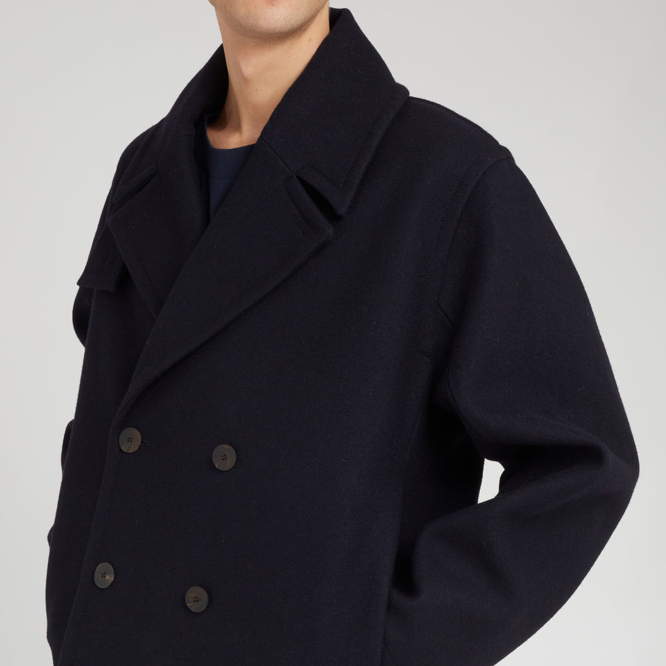 Double-breasted coat in blue wool