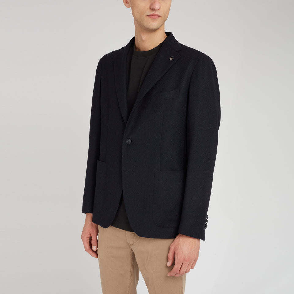 Single-breasted jacket in blue wool and cashmere