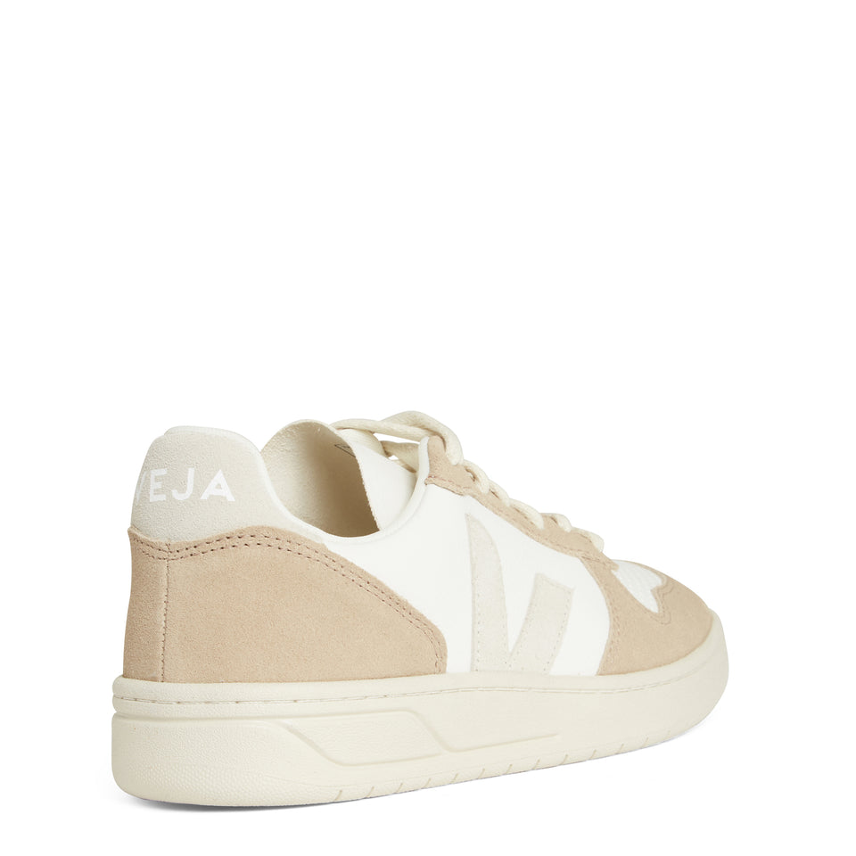 Sneakers ''V-10'' in pelle bianca e beige