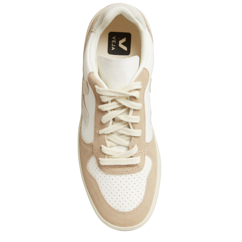''V-10'' sneakers in white and beige leather