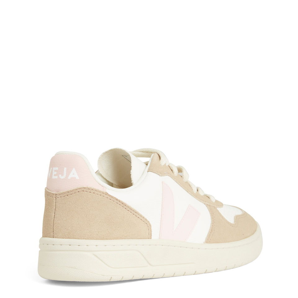''V-10'' sneakers in white and beige leather