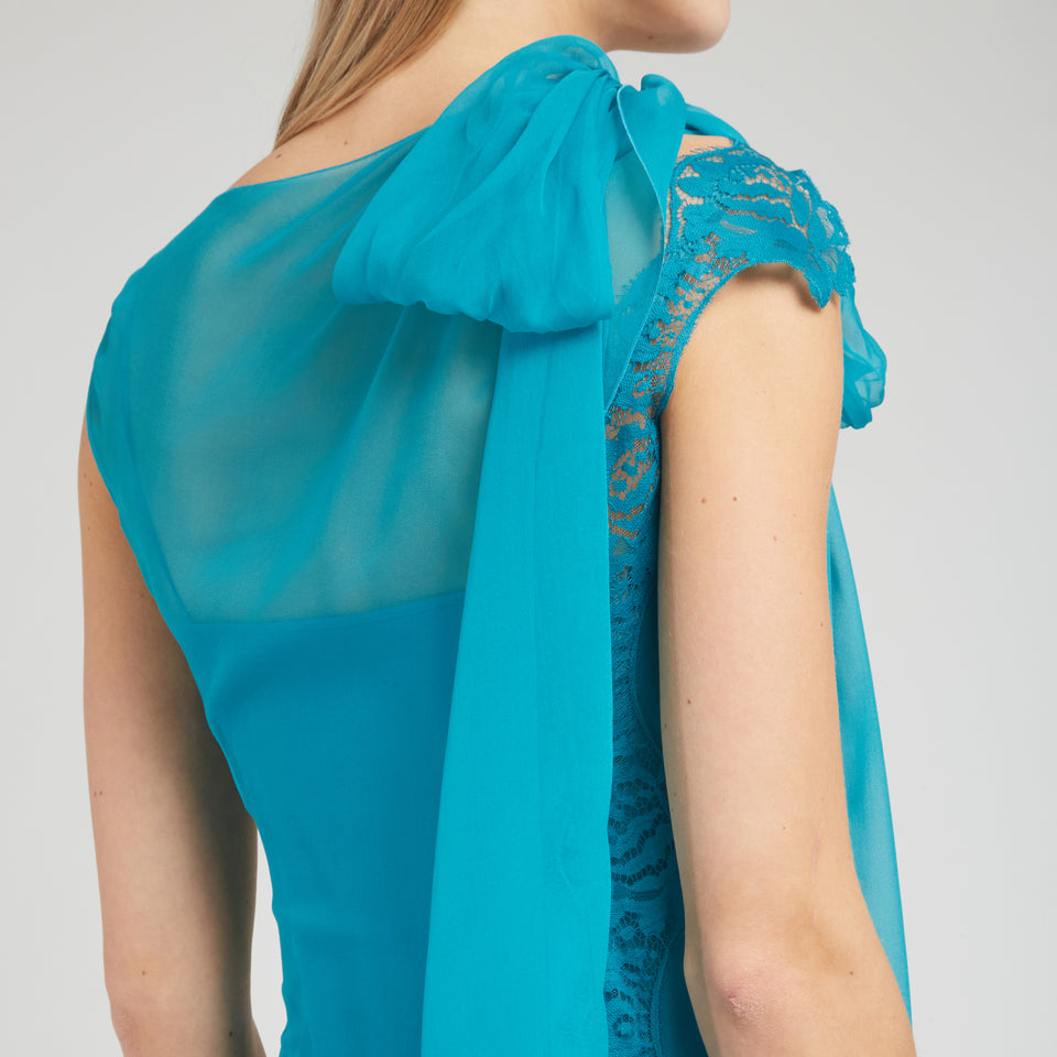 Long light blue silk dress