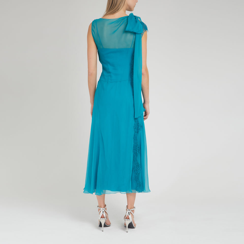 Long light blue silk dress