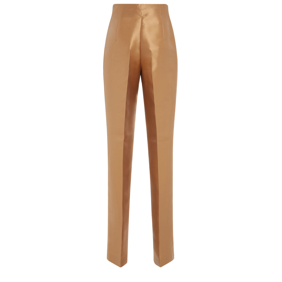 High-waisted tailored trousers in bronze fabric