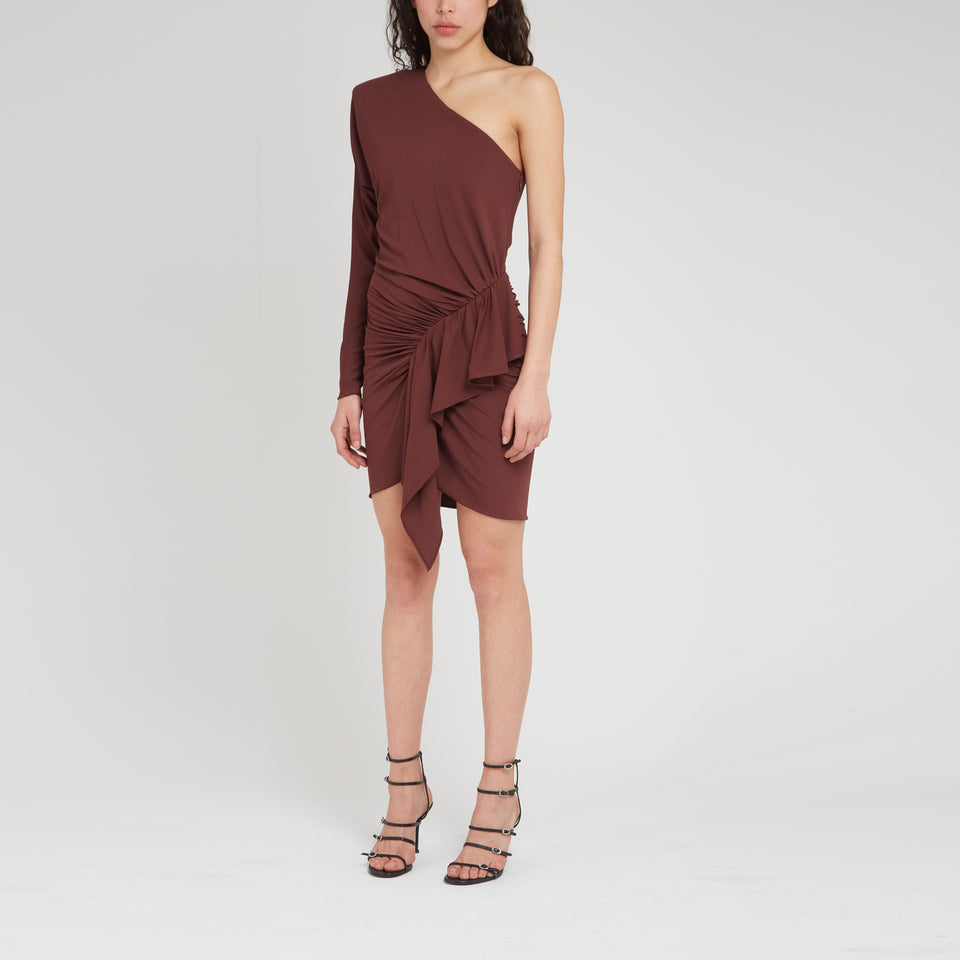 One shoulder mini dress in brown fabric