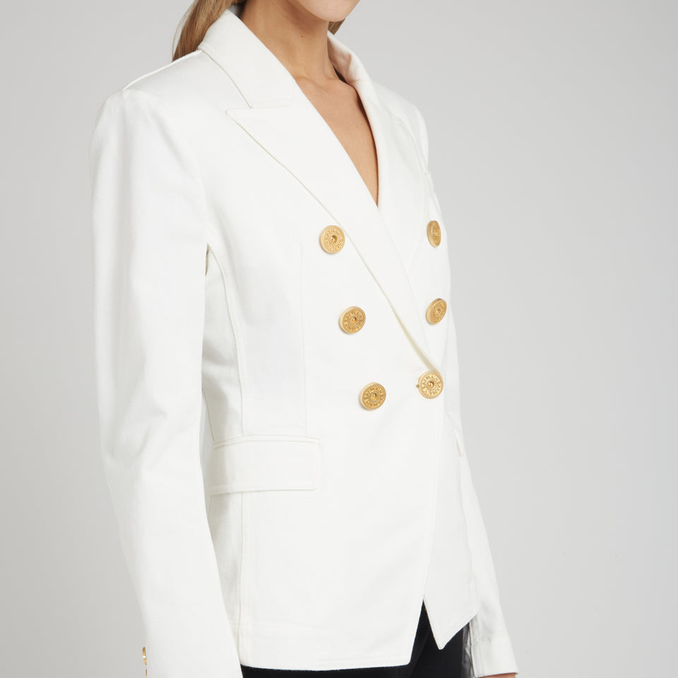 Double-breasted white wool blazer