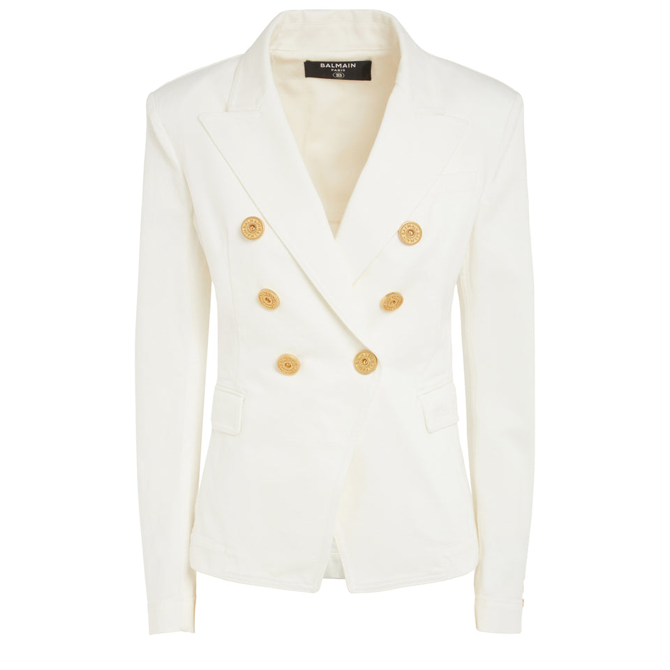 Double-breasted white wool blazer