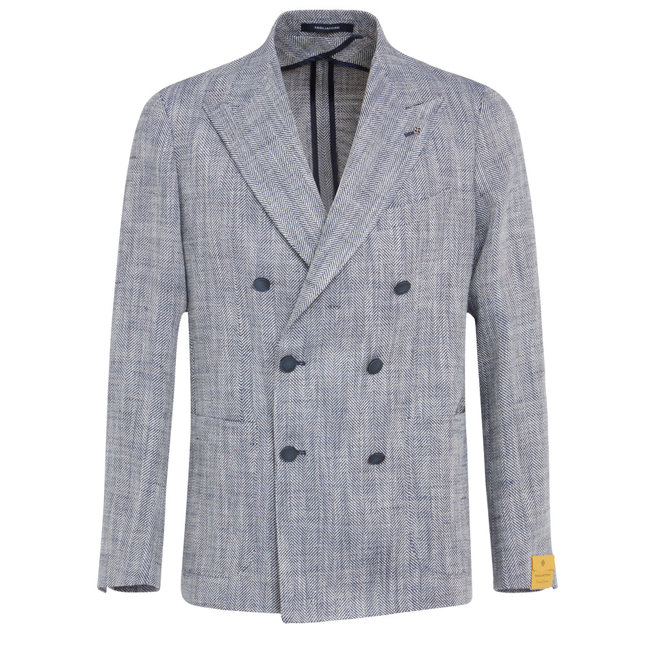 Double-breasted light blue linen and silk blazer