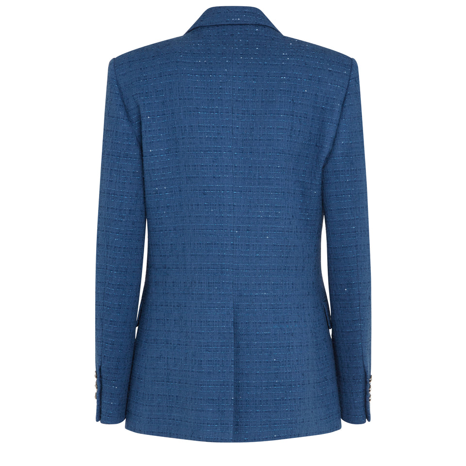 Double-breasted blue tweed blazer