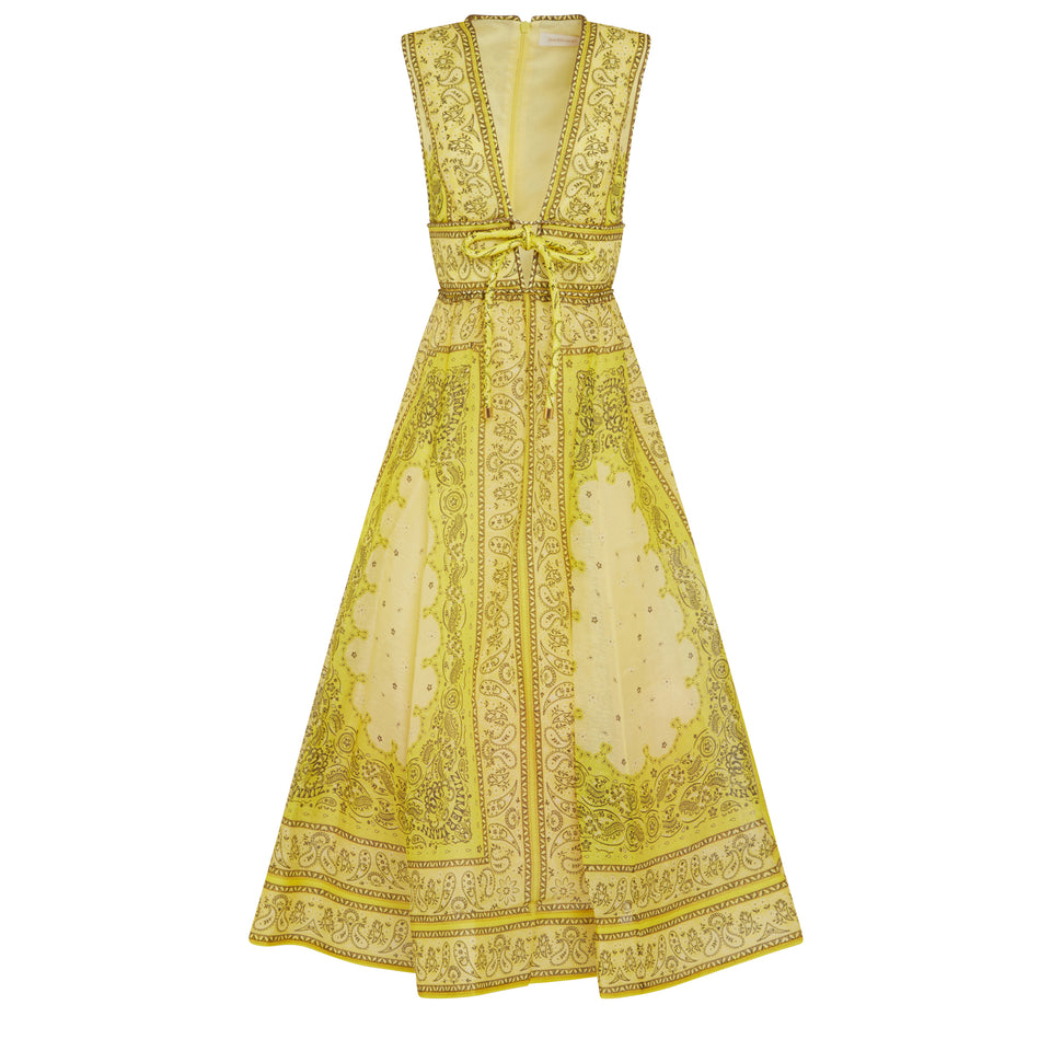 Long dress in yellow silk and linen